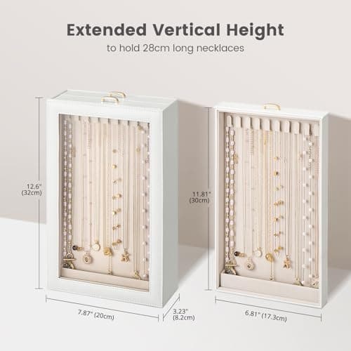 Lolalet Necklace Organizer Box, Jewelry Storage Box with Clear Window for Necklaces Bracelets, Tangle-Free Necklace Display Case for Women Girls, White, 2 Layers 20 Hooks thumbnail 6