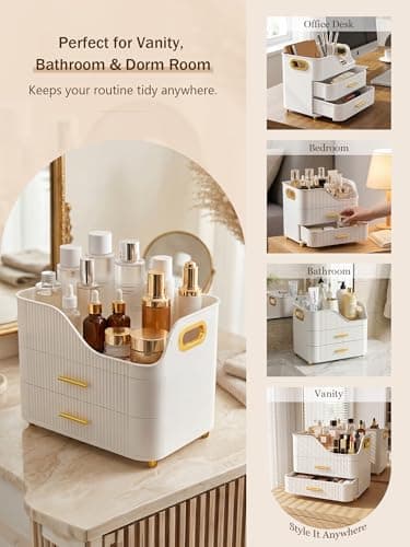 Booklov Countertop Makeup Organizer with Drawers, 3 Tier Large Cosmetic Storage Box for Vanity, Bathroom Counter, Dresser, Skincare Display Case for Lipsticks, Beauty Palettes, Teen Girl Gifts, White thumbnail 8