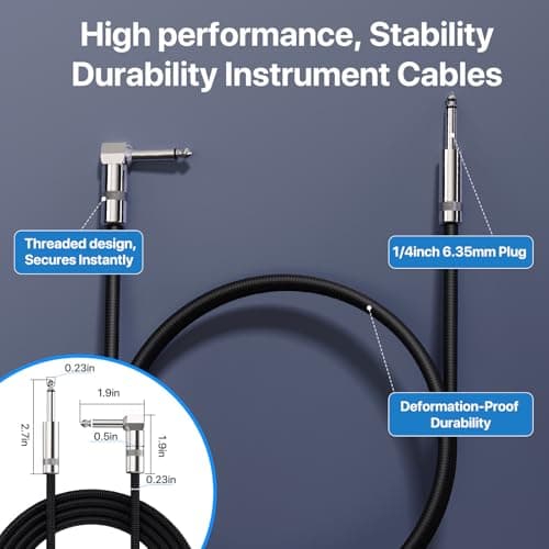 GOGHOST Guitar Cable 50ft, Amp Chord Electric Guitar Aux Amp Cord Braided, TS 1/4 Quarter Inch Straight to Right Angle Bass Instrument Cables Pro Audio (Black, 1-Pack) thumbnail 3