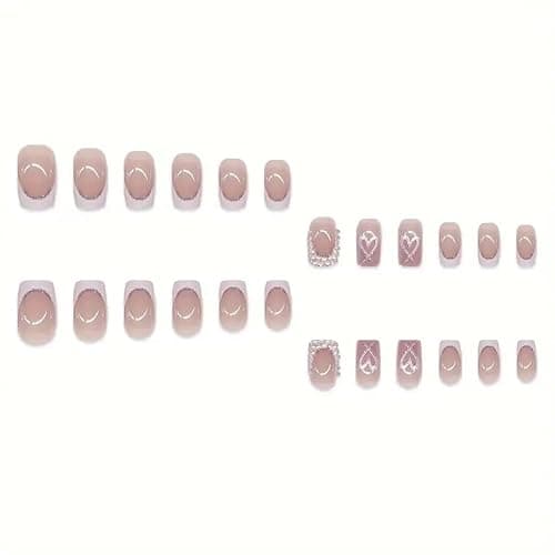 White French Tip Press on Nails Duck Feet Shaped Medium With Rhinestone Designs Nude Pink Stick on Valentine Heart False Glue on Nails for Women Manicure Art - style 3 thumbnail 4