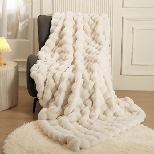 Super Comfort Oversized Warm Thick Bubble Double Sided Plush Rabbit Faux Fur Throw Blanket, Fluffy Blanket,Soft Cozy Blanket for Couch Chair Bed Sofa Living Room,White60'' x 80'' - Image 1