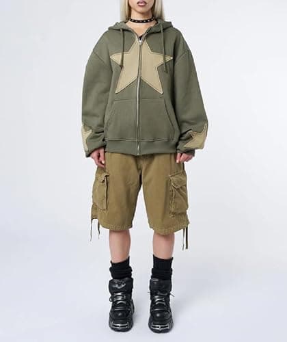 ROAONOCOMO Women Y2K Zip Up Hoodie Star Printed Oversized Sweatshirts Fairy Grunge Graphic Hooded Jacket Harajuku Streetwear - C-green Star Print - Small thumbnail 6