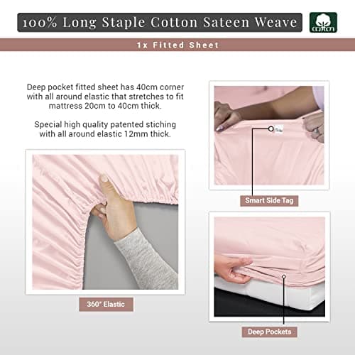 Pizuna Cotton King Single Fitted Sheet, 500 Thread Count 100% Combed Cotton Sateen Weave Fitted Sheet King Single with Extra Deep Pocket Fits Upto 40 cm (Light Pink Fitted Sheet - 1 PC) thumbnail 3