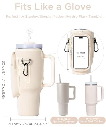 dabria Water Bottle Carrier Bag with Phone Pocket for Stanley 40/30 oz Tumbler Neoprene Water Bottle Holder Pouch with Adjustable Strap Bollus with Straw Cover & Carabiner for Stanley Cup Accessories thumbnail 3