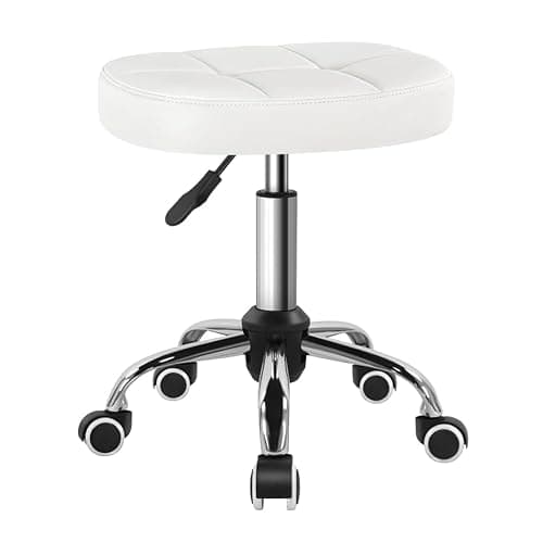 BFTOU White 6-Square Lattice PU Swivel Stool with Wheel for Work SPA Shop Massage Height-Adjustable and Cost-Effective Rolling Stool Chair - Image 1