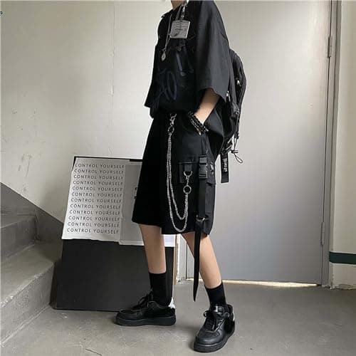 MEINVQIAOTI Black Cargo Pants for Women Street Harajuku Loose Straight Shorts Black Pants with Chains(Black,M) thumbnail 3