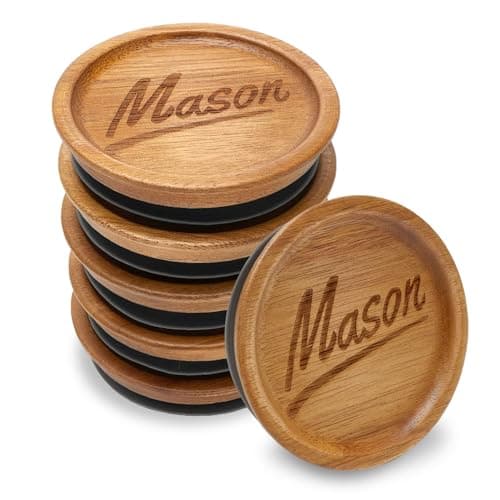 6 Pcs Acacia Wood Mason Jar Lids Regular Mouth Canning Jars Supplies Decorative Small Mouth Mason Jar with Wooden Lid Silicone Reusable Can Lids for Jars Tops Glass Cover Canning Accessories - Image 1