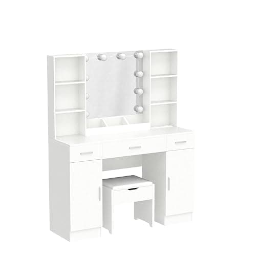 Vabches Makeup Vanity Table with Lighted Mirror & Power Strip, Large Vanity Set Vanity Desk with Storage Stool, 3 Lighting Modes, Brightness Adjustable, 45.2in(L) thumbnail 5