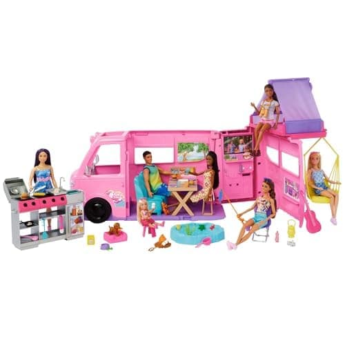 Barbie Dream Camper New for 2025 Playset with Roof Tent, Swing Chair, Fishing Pond, BBQ Grill with Color-Change Feature & 60+ Accessories Including Dough thumbnail 3