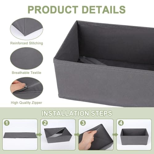 Anscher 12 Pack Grey Drawer Organiser Clothes Storage Organiser Bins,Foldable Fabric Closet Organizers.Storage Drawer Dividers for Clothes,Bra,Socks,Ties,Scarf and Towels thumbnail 2