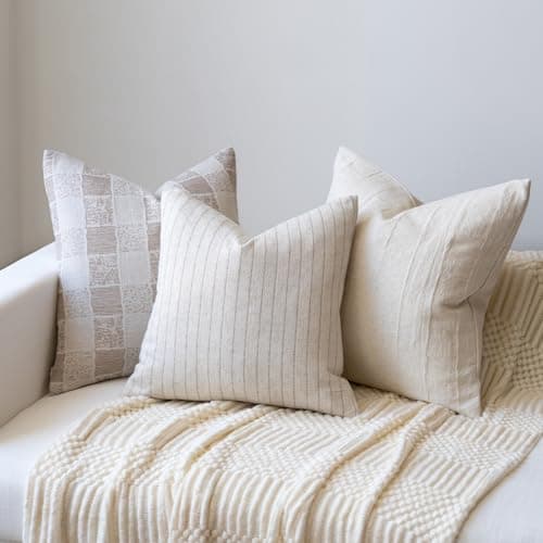 FIOUOVO Decorative Neutral Throw Pillow Covers 18x18 Farmhouse Pillow Covers Cotton Stripe Cushion Covers Home Decor for Sofa Couch Living Room Bedroom 1PC, Pinstripe thumbnail 4