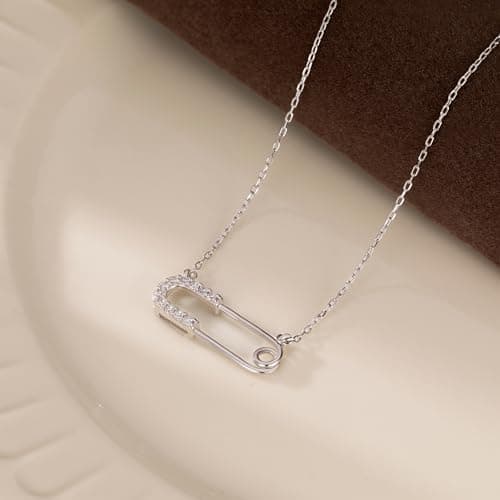 Reffeer Solid 925 Sterling Silver Safety Pin Choker Necklace for Women Teen Girls Paper Clip Pendant Necklace CZ Pin Necklace (A-Silver) thumbnail 4