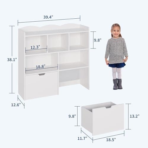 Garvee Toy Storage Organizer with Movable Drawers, Kids Bookshelf with Hidden Wheels & Open Cubbies, Multifunctional Floor Storage Chest for Playroom, White thumbnail 2