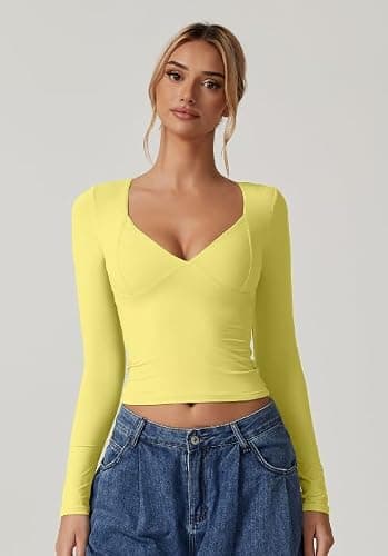 QINSEN Women's Long Sleeve V Neck T Shirts Double Lined Crop Top Seamed Cup Going Out Tops thumbnail 6