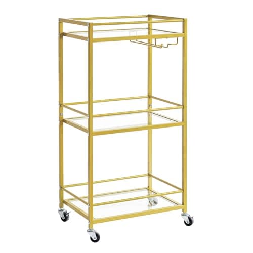 IBUYKE Home Bar Serving Cart,Small Bar Cart with 3-Tier Glass Shelf, Mobile Drink Shelf with Wine Holders and Glass Holders,Mini Bar for Outdoor, Small Space, Kitchen Gold TMJ519G thumbnail 2