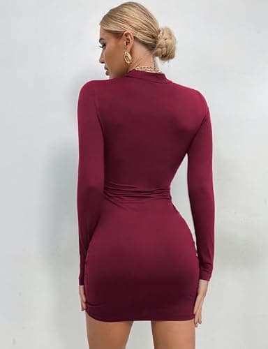 Rongseng Robe Moulante à Manches Longues Sexy Chic pour Femmes - Mini Cordon De Serrage Plissée Courte Décontractée - Mode Élégante pour Soirée Cocktail Party Automne Hiver thumbnail 3