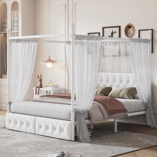 CITYLIGHT Metal Canopy Platform Bed with Upholstered Headboard, Queen Size Canopy Bed with 2 Storage Drawers (Metal, White) - White Metal - Queen thumbnail 4