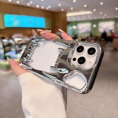 Pretaco Gothic 3D Hollow Horror Devil Pattern Case for iPhone 16, [Luxury Chrome Color Plating] [Heat Dissipantion Thermal Design] Shockproof Bumper for Halloween- Silver thumbnail 2