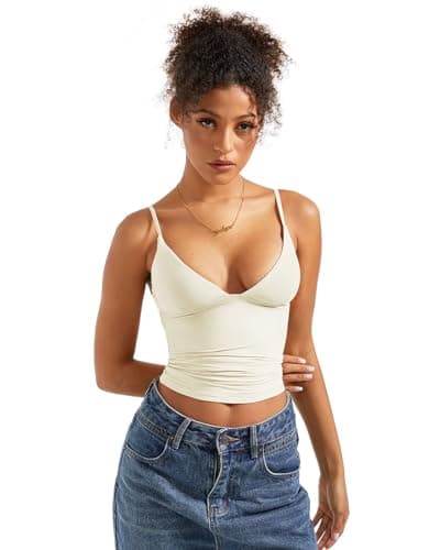 SUUKSESS Women Sexy Deep V Neck Sleeveless Fitted Basic Tops Y2K Going Out Crop Tank Top Camisole (Ivory Cream White,M) thumbnail 5