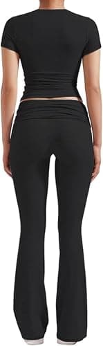 ZFLM Casual Workout Two Piece Outfits for Women Short Sleeve Crop High Waist Foldover Flare Pants Tracksuit Sets Streetwear thumbnail 4