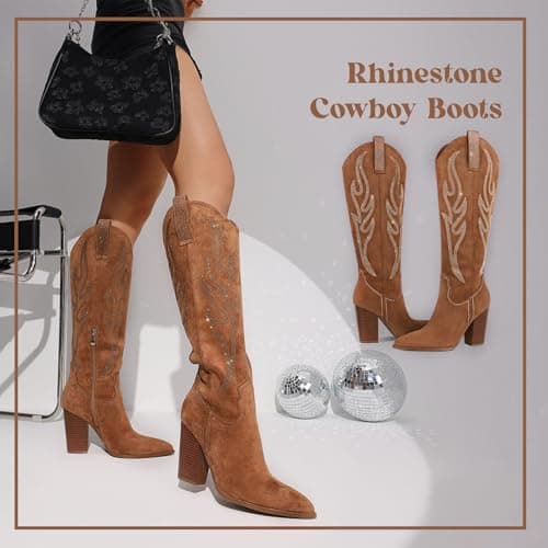 Celbreez Cowgirl Boots for Women Embroidered Rhinestone Cowboy Boots | 3.2 Inches Chunky Heel, Suede, Knee High Tall, Wide Calf, Side Zipper - Vintage Western Boots, Festivals and Country Outfits thumbnail 8