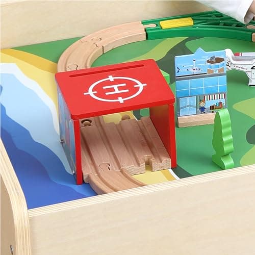 KRAND Kid's All-in-One Activity Play Table with 290 Building Bricks and 30-Piece Wooden Train Set Railway,Cars,Track and Accessories for Toddlers Boys and Girls Children's Toy Playset Game Desk - Regular Baseplate Version thumbnail 8