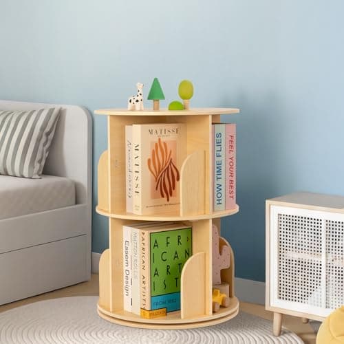 OOOK 2 Tier Rotating Bookshelf, Small Corner Bookshelf Floor Standing Wooden Narrow Bookcase Organizer for Kidsroom, Bedroom, Living Room thumbnail 6