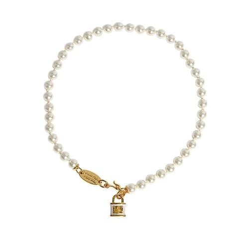 Gold Saturn Necklace for Women - Enamel Padlock Pendant with Pearl Chain, Punk Style - Image 1