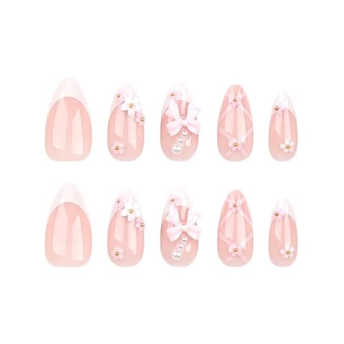 Foccna French Press on Nails Medium Rhinestone Pink Fake Nails Almond Bling Glossy 3D Flower False Nail Tips Artificial Nails Finger Manicure for Women&Girls -24 pcs thumbnail 3