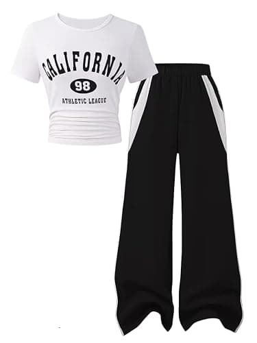 GOLLUNER Girls 2 Piece Outfits Short Sleeve Letter Print Top＋Wide Leg Pants with Pockets Summer Clothing Set Sizes 8-15 Years - Image 1
