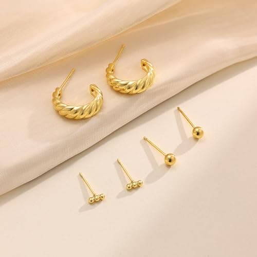Freekiss Gold Hoop Earrings Set for Women Trendy: Lightweight 14K Gold Plated Hypoallergenic Stud Earrings Dainty Small Half Open Twisted Huggie Earrings for Women Jewelry Gifts thumbnail 9