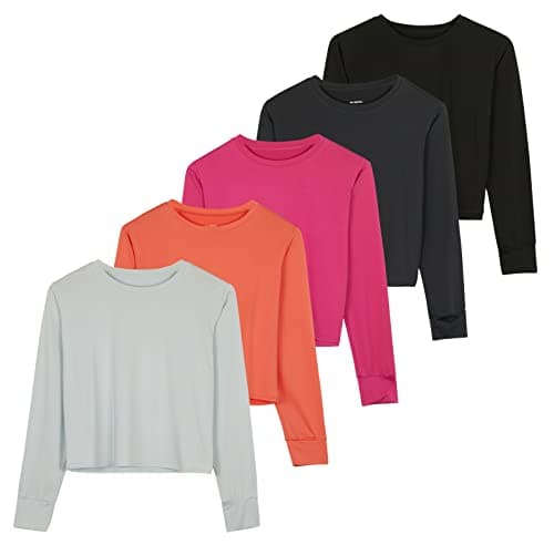 Real Essentials 5 Pack: Women's Dry Fit Crop Top - Long Sleeve Crew Neck Stretch Athletic Tee (Available in Plus Size) - Image 1