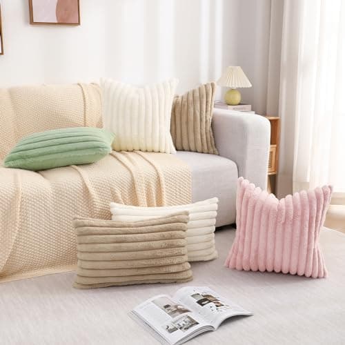 decorUhome Faux Fur Throw Pillow Covers 18x18 Set of 2, Decorative Soft Plush Striped Couch Pillow Covers with Velvet Back for Sofa, Bed, Living Room, Pink - 18 x 18-Inch (Pack of 2) - Pink thumbnail 7