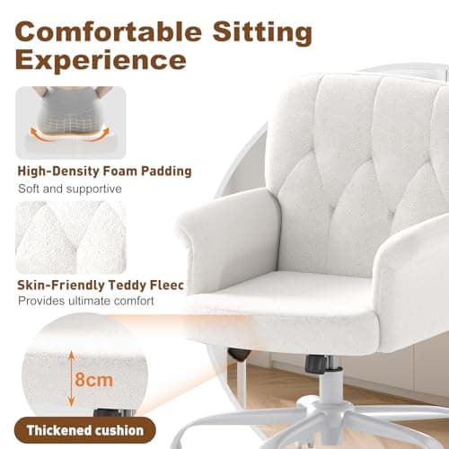 Keratee Teddy Fleece Office Chair, Comfy Home Office Desk Chair with Adjustable Height & 360° Swivel, Ergonomic Computer Chair for Long Hours, Multi-Functional Vanity/Makeup Chair, White thumbnail 3
