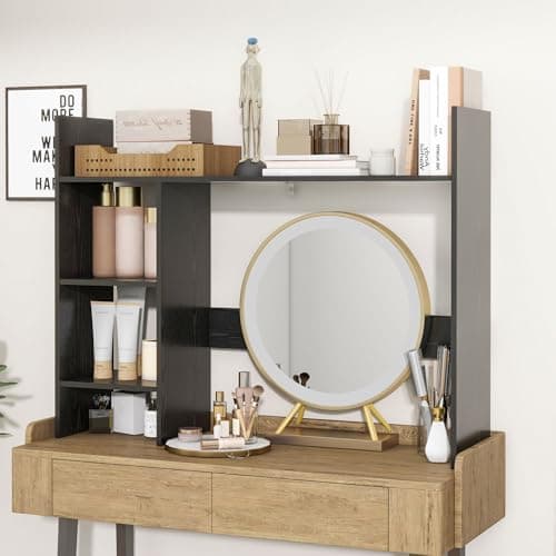 FTZxHKLX Desktop Bookshelf, Wood Desk Organizer Hutch with 3 Shelves for Computer Desk, 37.4'' Multipurpose Display Rack with Storage for College Dorm Office Home, Black thumbnail 7