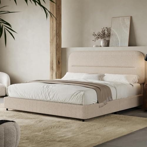 HOMBCK Bed Frame Queen Size, Boucle Upholstered Platform Queen Bed Frame with Headboard, Soft Headboard with Rounded Corners Design, Wood Slats, No Box Spring Required, Easy Assembly, Beige - Image 1