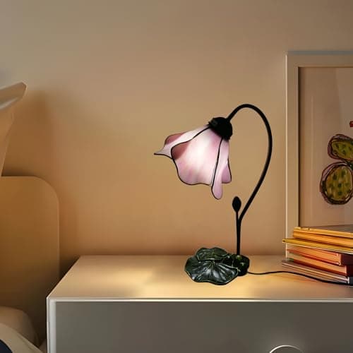 VirtueKing Tiffany Table Lamp Pink Lotus Stained Glass Lamp 8" Wide 14" Tall Bedside Table Light Desk Lamps Vintage Reading Lamp with Color Changing LED Bulb thumbnail 9