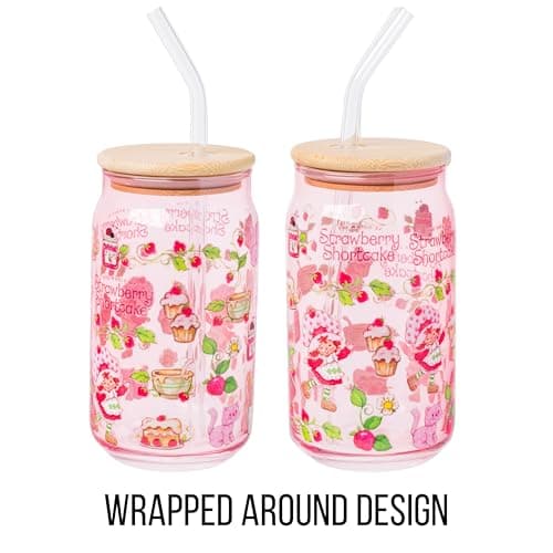 Silver Buffalo Strawberry Shortcake Berry Print Glass Tumbler with Bamboo Lid and Glass Straw Featuring Strawberry Shortcake and Custard, 16 Ounces thumbnail 5