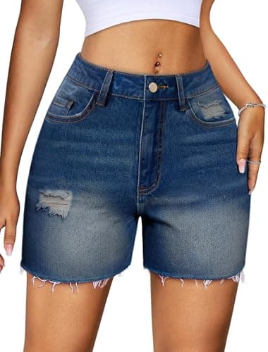 IWD Womens Jean Shorts High Waist Ripped Stretchy Jorts Frayed Raw Hem Casual Summer Denim Shorts (Dark Blue, XX-Large) thumbnail 2