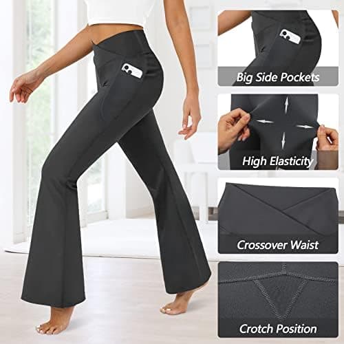DLOODA Women's Flare Leggings with Pockets-Crossover High Waisted Bootcut Yoga Pants-Tummy Control Bell Bottom Leggings thumbnail 5