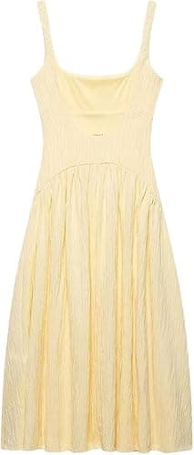 UHKOIXDFGQA Open Back Textured Midi Dress Square Neck Straps Sleeveless Casual Summer Skirt for Women Elegant Slim Fit Outfit - Image 1