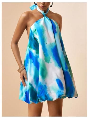 Milumia Women's Tie Dye Halter Bubble Dress Backless Sleeveless A Line Flowy Mini Dresses Multicolor Small thumbnail 2