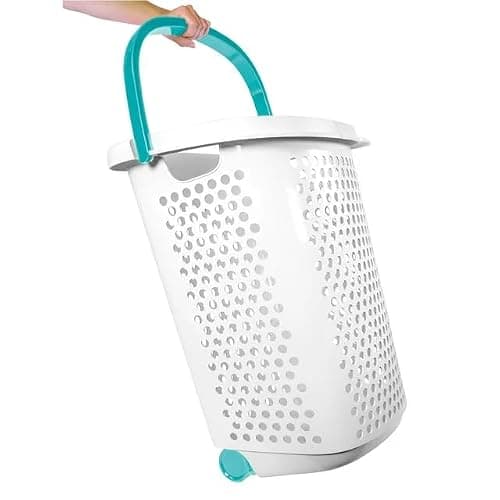pomiler Plastic Rolling Laundry Basket Hamper Portable 2 Bushel Laundry with Pop-up Handle for Clothes, Bedroom, and Storage, White thumbnail 4