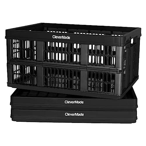 CleverMade Collapsible Utility Crate, Black, 3PK - 45L (11 Gal) Collapsible Storage Bins, Holds 66lbs Per Bin - Plastic Stackable Grated Wall Utility Containers, CleverCrates Baskets - Image 1