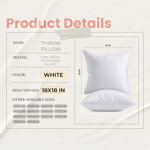 Utopia Bedding 18x18 Pillow Inserts, Set of 2, White – Indoor Decorative Throw Pillows for Bed, Sofa & Couch – Soft, Supportive & Fluffy Cushion Inserts thumbnail 8