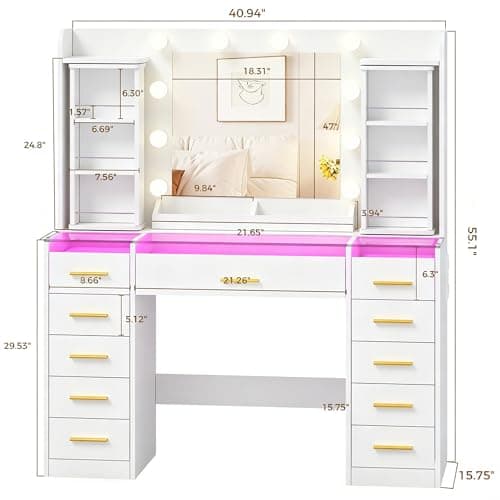 YUNSCEND Large Makeup Vanity Desk with Mirror and Lights, White Vanity Table with 360° Rotating Organizer, Glass Top, RGB Lights, Dressing Table with 11 Drawers, Power Outlet, for Bedroom, UXFST006W thumbnail 2