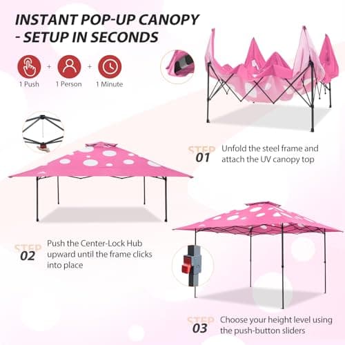 EAGLE PEAK 13x13 Straight Leg Pop Up Canopy Tent Instant Outdoor Canopy Easy Single Person Set up Folding Shelter w/Auto Extending Eaves 169 Square Feet of Shade (Pink Mushroom) thumbnail 8