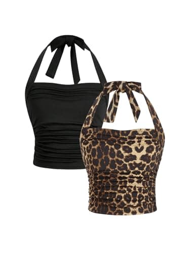 Floerns Girl's 2 Pcs Sleeveless Halter Top Leopard Print Ruched Y2k Tank Top Black Multi 8Y - Image 1
