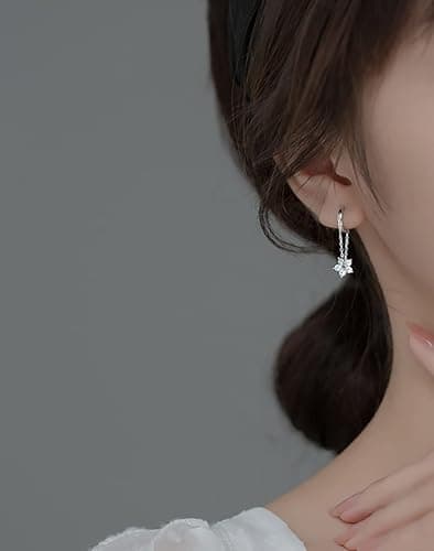 Reffeer 925 Sterling Silver Flower Chain Drop Earrings Hoop for Women Teens Huggie Hoop Dangle Earrings Chain thumbnail 3