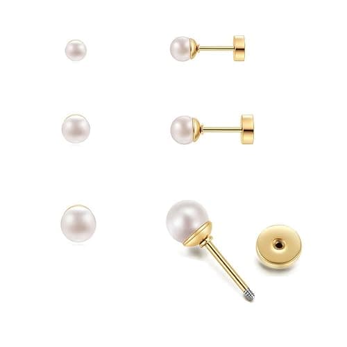 Renkovte 3Pairs Flatback Pearl Stud Earrings Set for Multiple Piercing|Dainty 4mm 5mm 6mm Pearl Earrings for Helix Tragus Cartilage Piercing for Women - Image 1